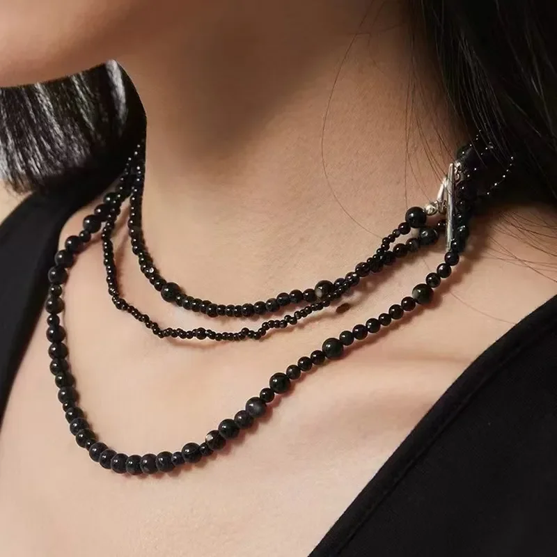 Cross-border new sweater chain, dark wind, natural black agate beaded OT buckle design, can be stacked to wear high-end items