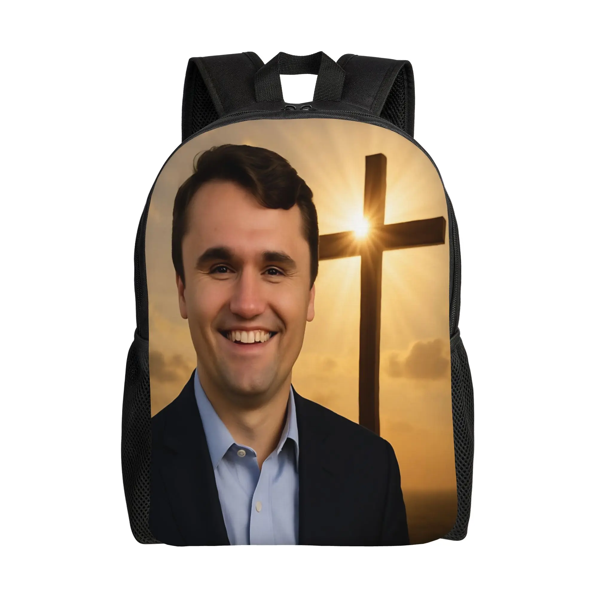 Charlie Kirk Sacred Heart Cross Backpack  Cute Backpacks Girl Cycling Durable School Bags Colorful Rucksack