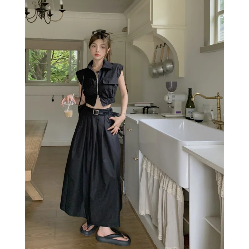 Black Skirt Womens T-shirt Two Piece Set Solid Fashion High Street Y2K 2023 NEW Summer Female Temperament Elegant Long Dress