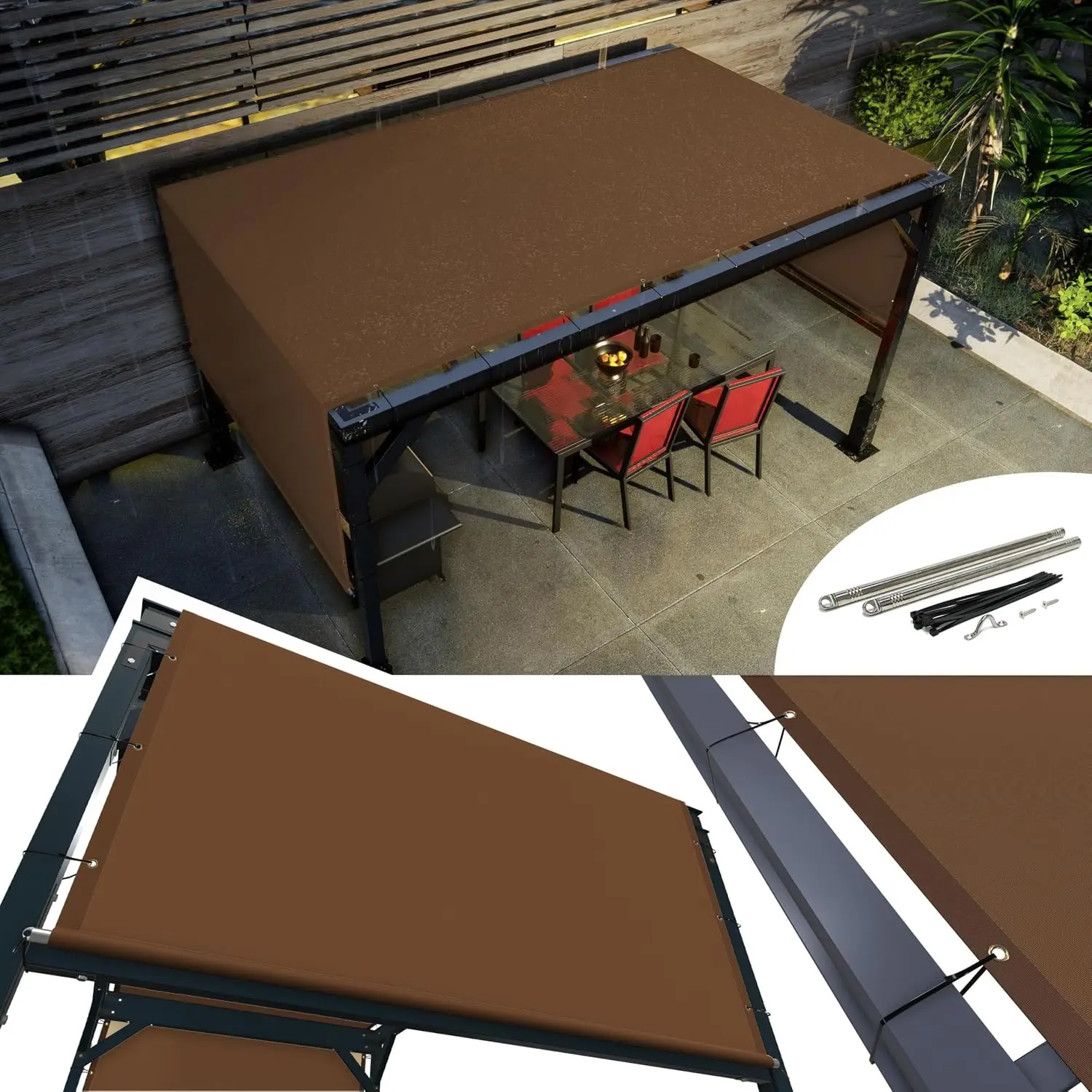 Amgo Pergola Cover for Patio with Weighted Rod Waterproof Brown 8' x 24', Customized