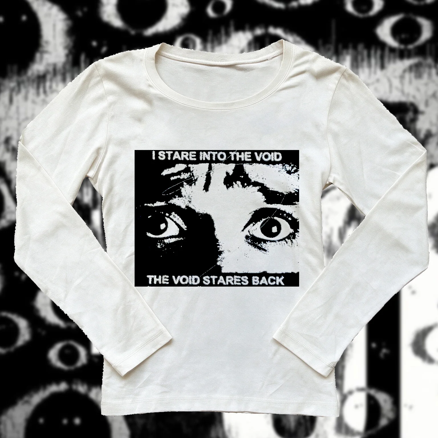 Women Slim Fit Long Sleeve T-shirt I Stare Into The Void Graphic Print Tee O-neck Dark Aesthetic Eyes Portrait Casual Streetwear