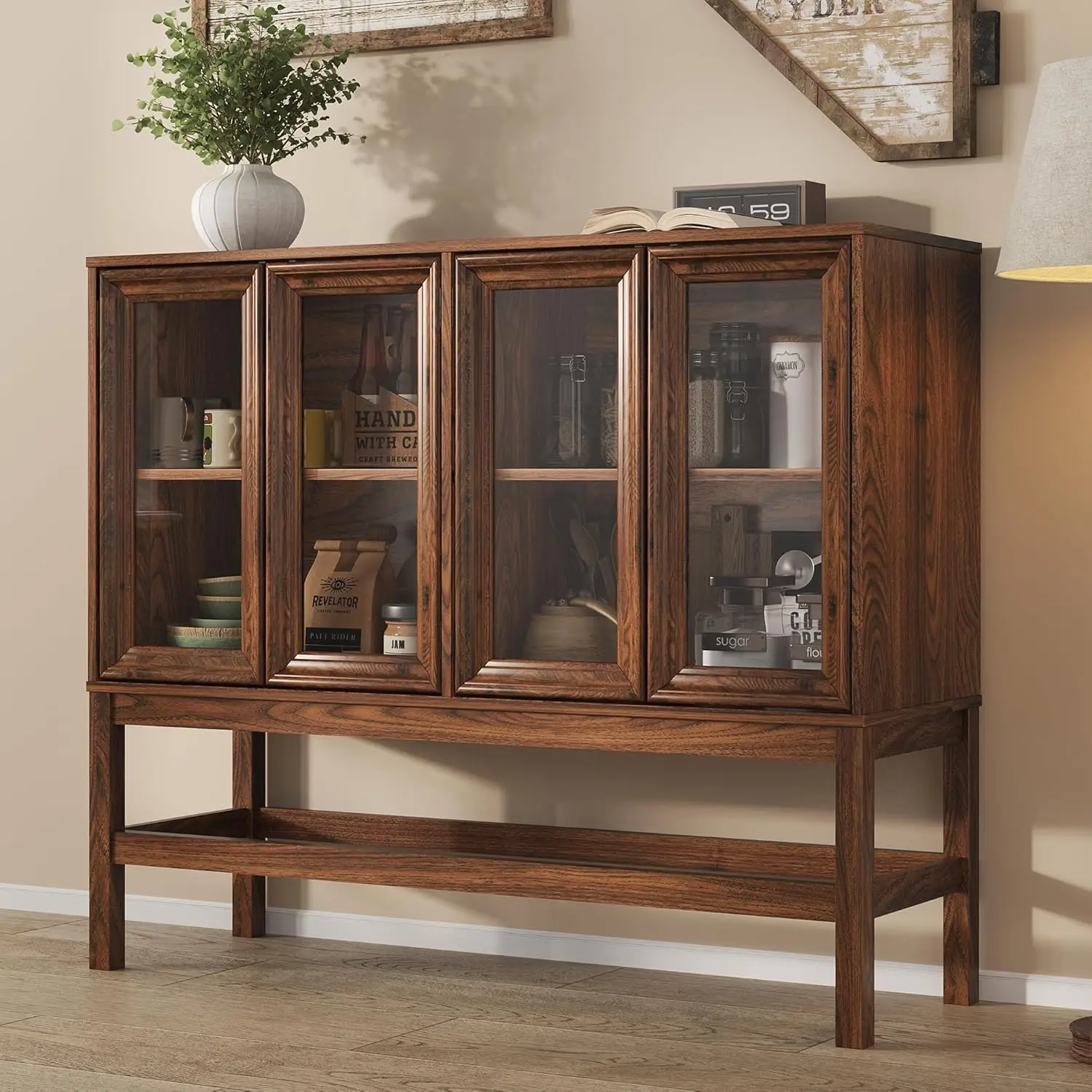 Sideboard Buffet Cabinet with Storage, Small Kitchen Coffee Wine Bar Cabinet with Glass Press-to-Open Doors, Wood, Customized