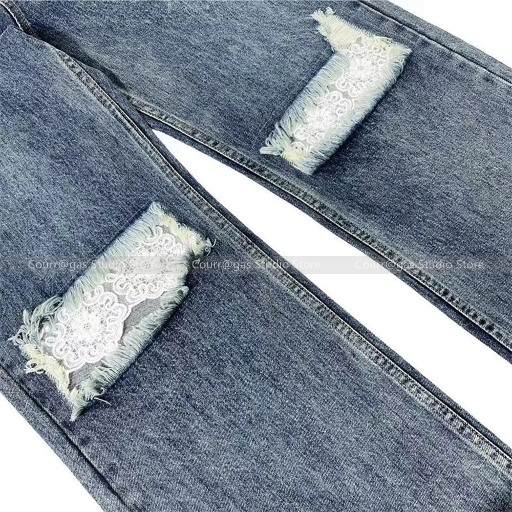 Amerikaanse Retro 2024 Vroege Lente Nieuwe Hoge Taille Strik Kant Splitsen Taille Gebroken Gaten Franje Wijde Pijpen Jeans Vrouw