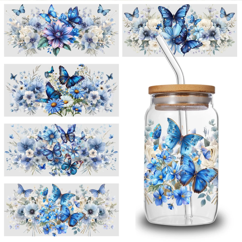 5 Sheets Blue Butterfly Floral UV DTF Stickers UV DTF Transfer Stickers for Glass Cups UV DTF Stickers for 16 oz Tumbler