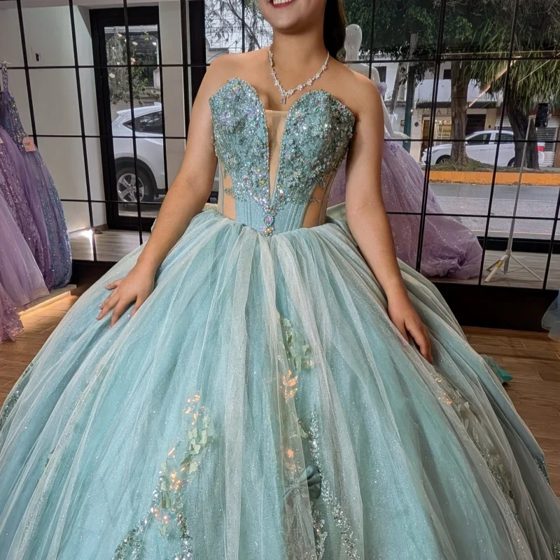 

Haze Blue Quinceanera Dresses Off the Shoulder Crystal Glitter Decal Long tail Big Bow Vestidoe 15 Quinceanera Customize