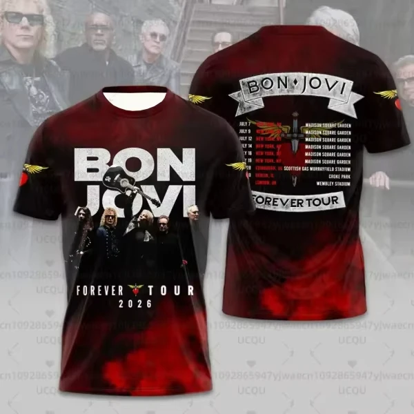 الرجال الجولة الرقبة تي شيرت المرأة قصيرة الأكمام تي شيرت هدية فكرة بلايز موضة جيرسي بلايز بون جوفي للأبد جولة طفل تي شيرت