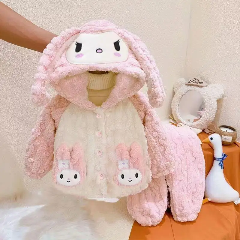 

Sanrio My Melody Girls Pajama Children's Autumn Winter Thicken Pyjama Kids Keep Warm Sleepwear Girl Home Clothes 2Pc Set