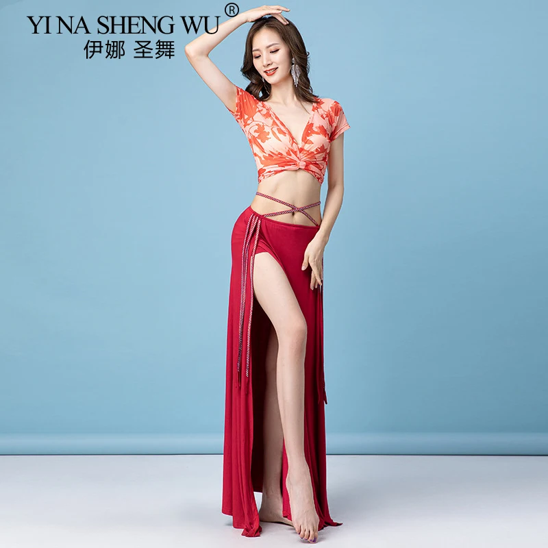 Traje de danza del vientre para mujer, Top Sexy, falda larga dividida elegante, práctica de Baile Oriental, traje de entrenamiento de rendimiento, ropa para mujer