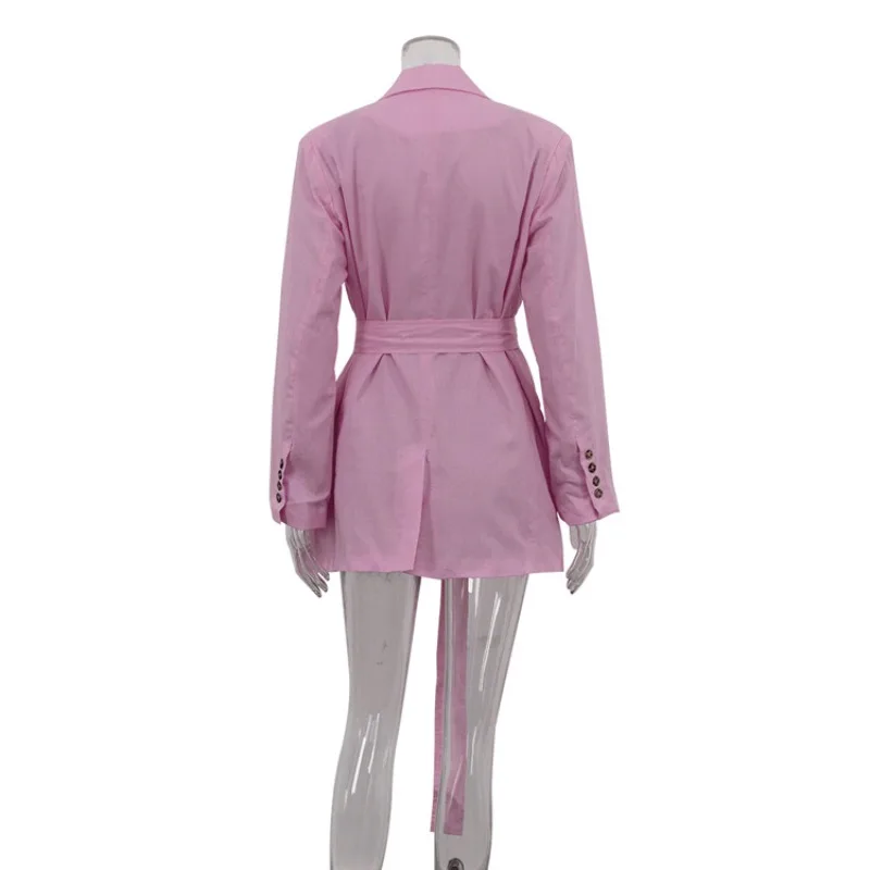 2025 موضة القطن الكتان سترة فستان قصير المرأة موضة التلبيب كم طويل التعادل قميص فستان البدلة تنورة