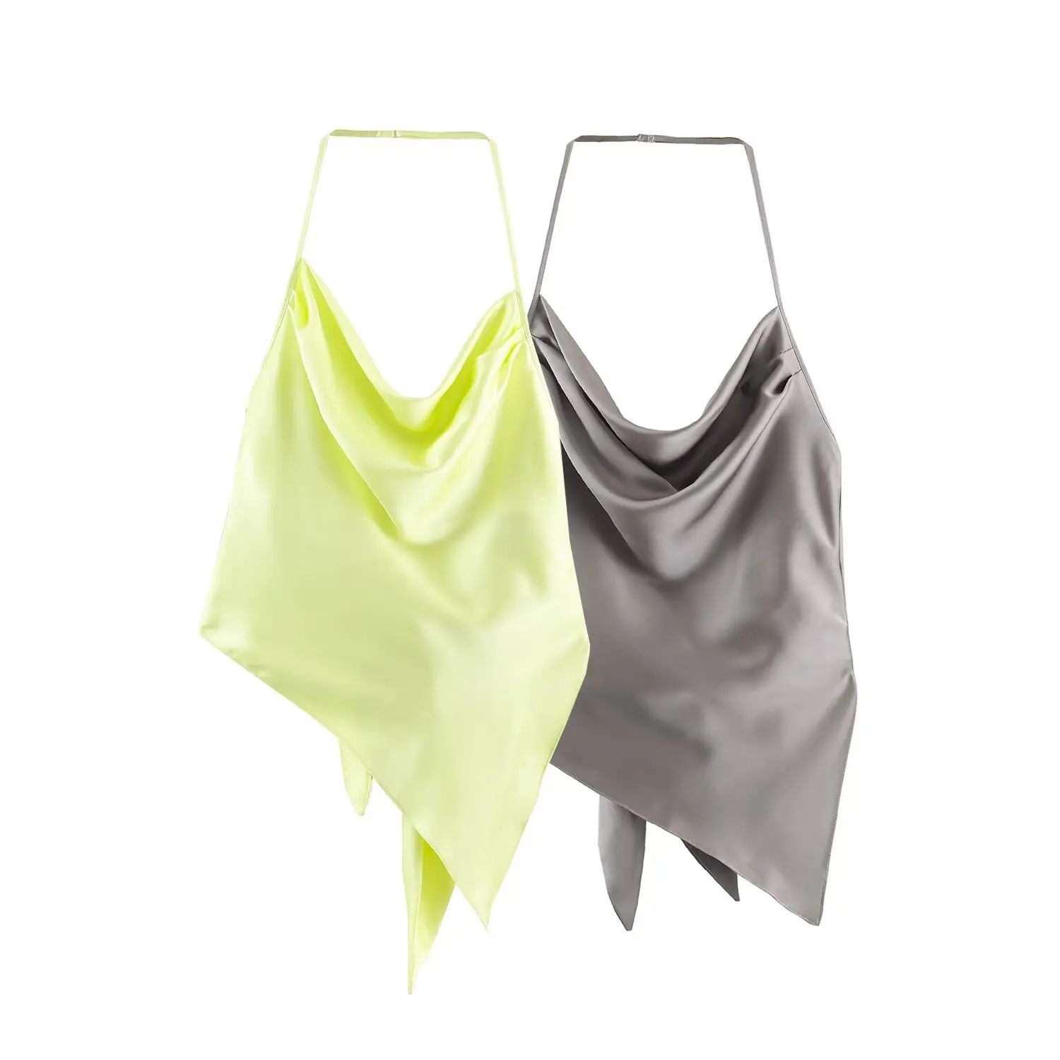 Women Sexy Halter Tops Summer Female Fashion Silky Satin Elegant Draped Cowl Neck Asymmetric Hem Camisole Lady Daily Party Top