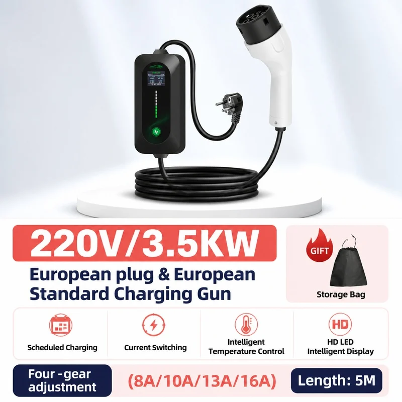 ROMADA 3.5KW Eletric Vehicle Charger Type2 Portable 16A 1Phase EV Car Charging EU Plug Box 3M-20M Cable Home Safe EV Charger