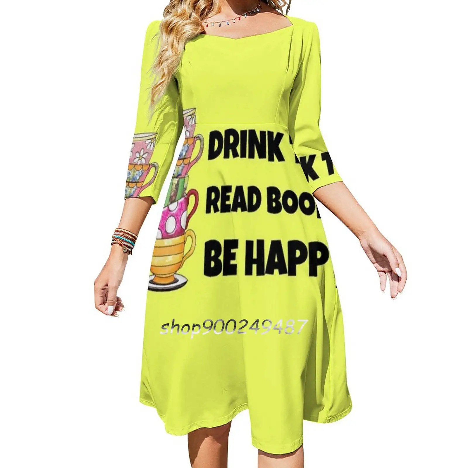 Drink Tea Read Books Be Happy Sweetheart Knot Flared Dress Fashion Design Large Size Loose Dress Drink Tea Read Books Be Happy