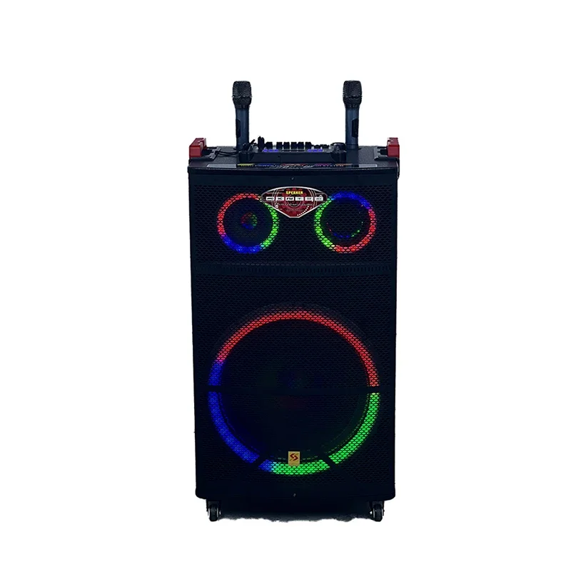 Speaker troli isi ulang plastik YYHC-18 inci, speaker Stereo Audio portabel Hi-Fi dengan lampu warna-warni