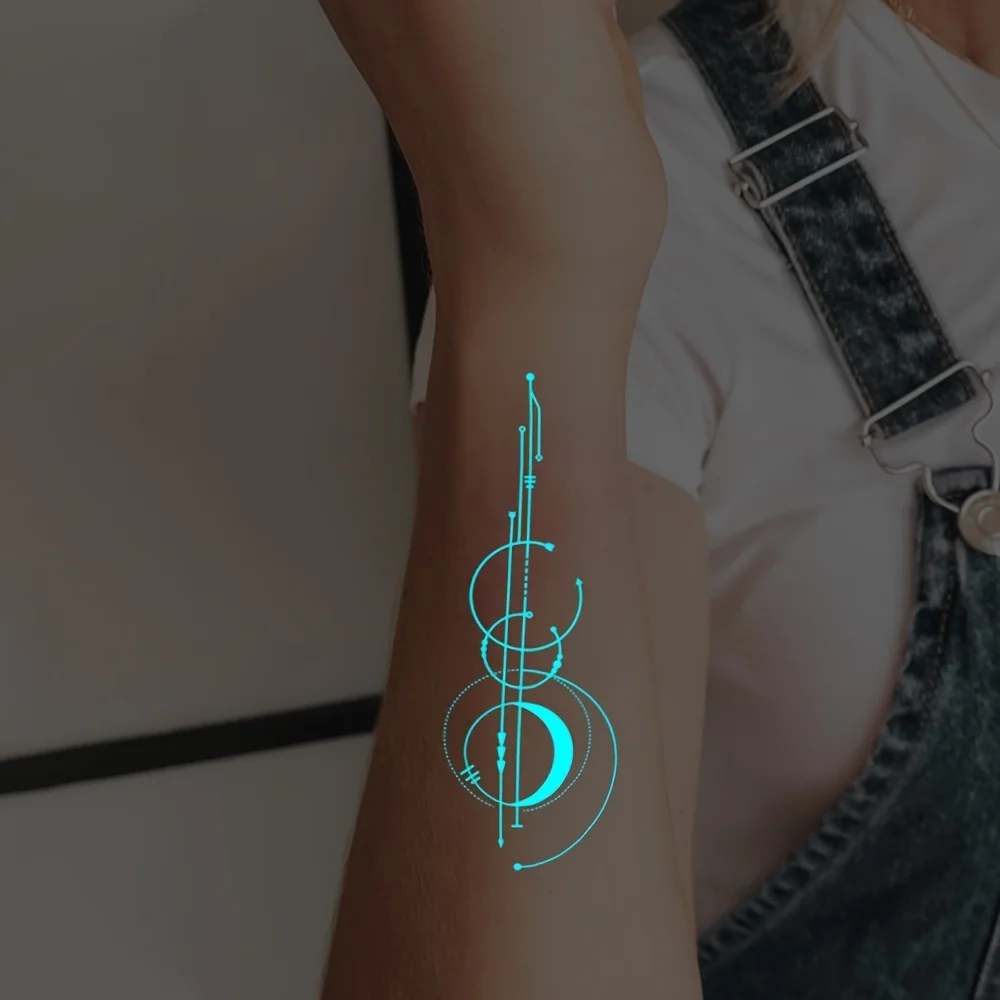 1 piece of luminous moon geometric waterproof temporary tattoo suitable for women and men. Can be used on arms, neck, shoulders.