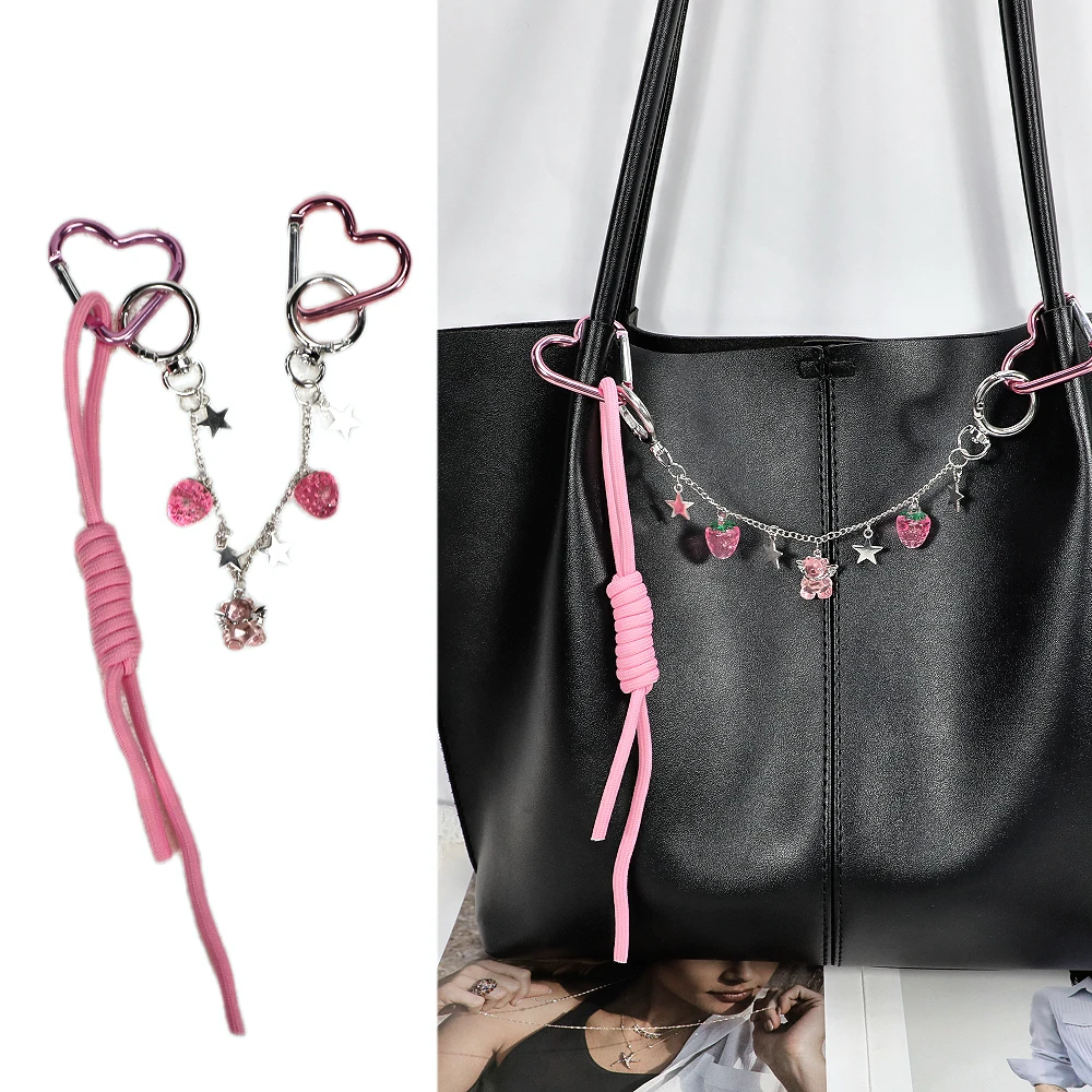 Y2K Pink Braided Rope Keychain Bag Charms Star Heart Cute Bear Bag Pendant Jewelry DIY Nylon Handmade Rope Vintage Accessories