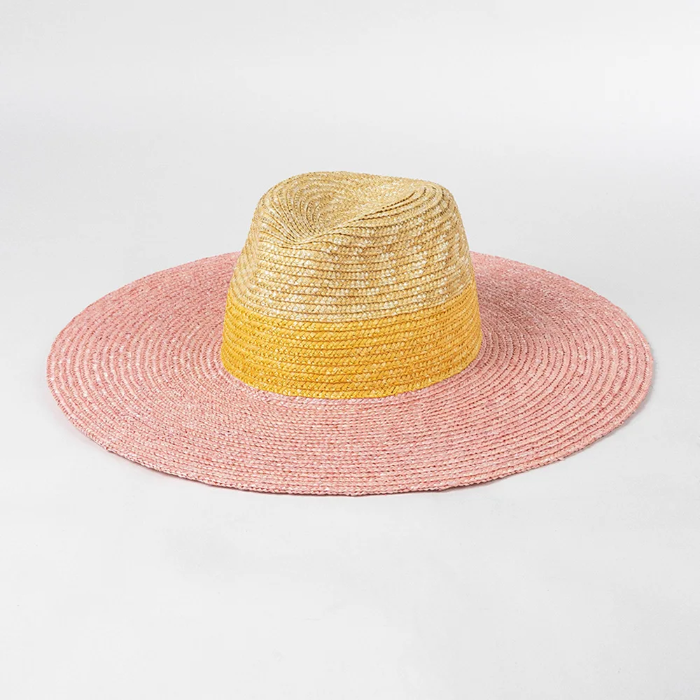 Womens Summer Beach Hat Yellow Pink 3 Tones Wheat Straw Hat Outdoor Wide Brim Sun Hat Jazz Top Panama Hat Stage Performance Hat