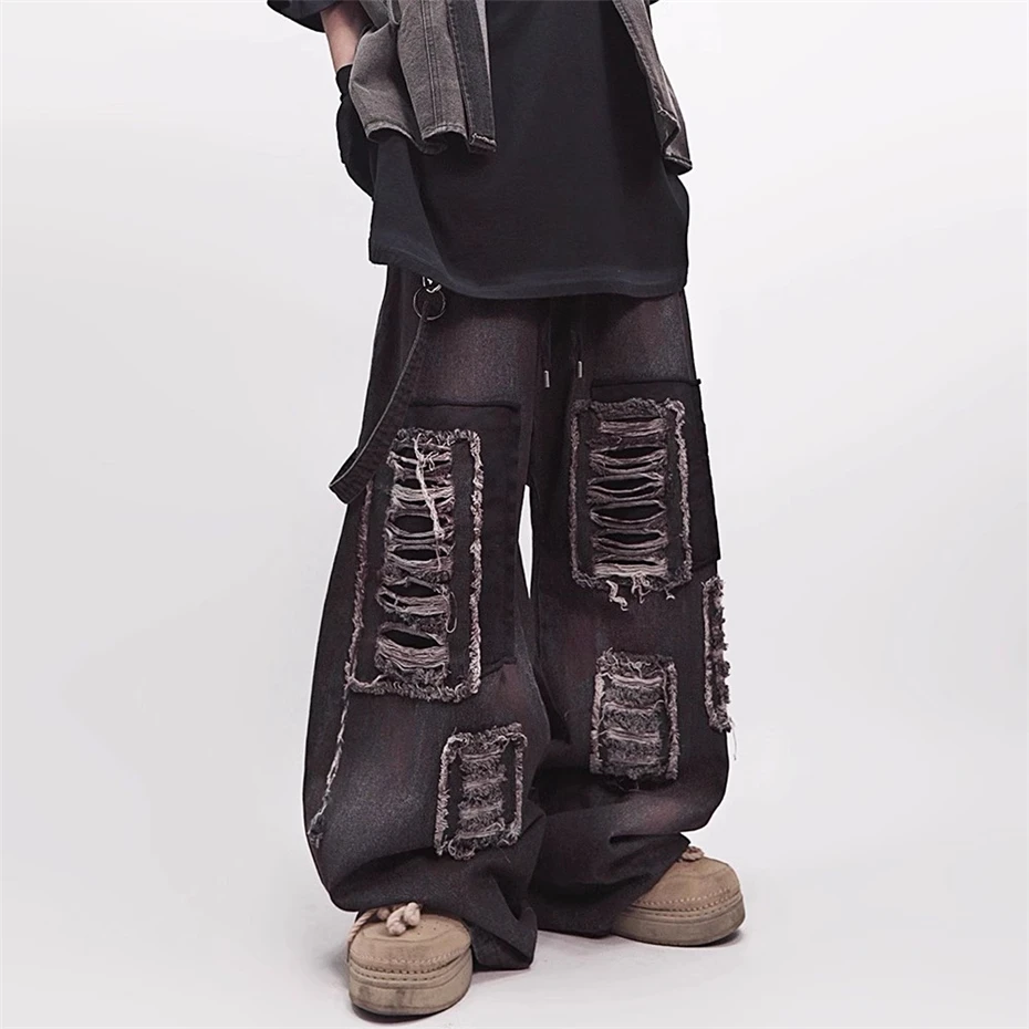 

Ripped Hole Jeans Mens Streetwear Hip Hop Punk Wide-leg Trousers Harajuku Vintage Baggy Elastic Waist Casual Denim Pants Male