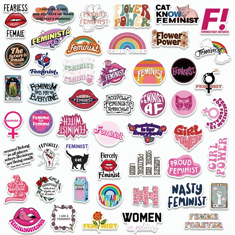 50PCS Flawed Feminis Stickers Cartoon Pink Decals For Phone Case Laptop Luggage Refrigerator Scrapbook DIY Waterproof Stickers