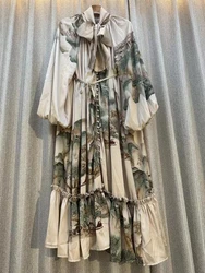American Elegant Dresses For Women Bow-neck Puff Sleeve Floral Print Patchwork Vestidos Autumn Fashion Loose Versatile Dress New