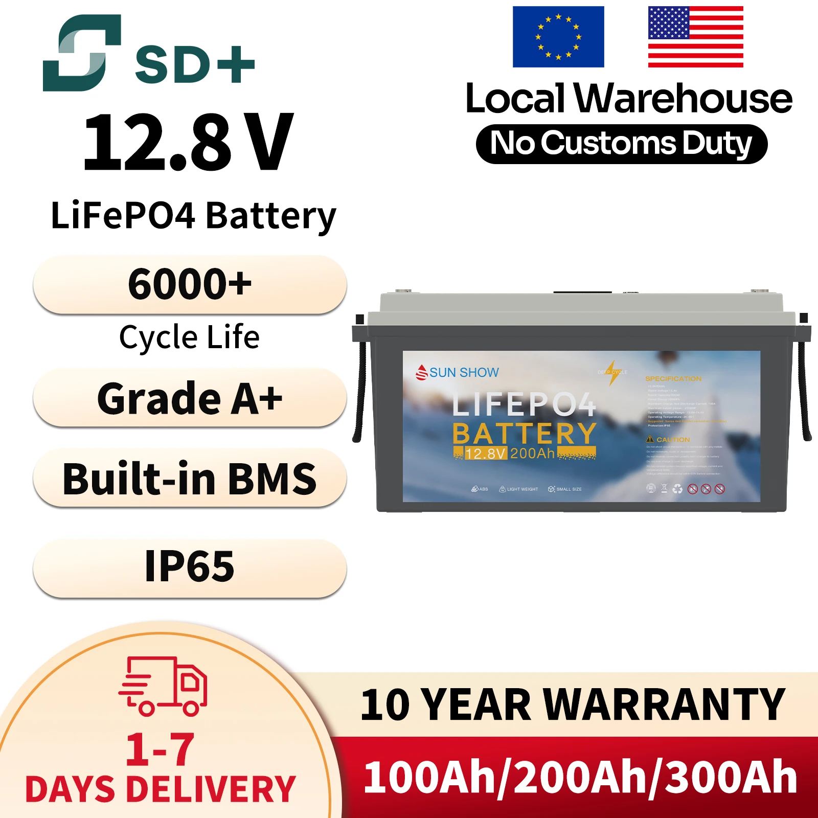

Аккумулятор SANDISOLAR 12V 200Ah 300Ah LifePo4, 6000+ циклов, 2560Wh/3840Wh, с BMS, для систем хранения солнечной энергии, склад в США