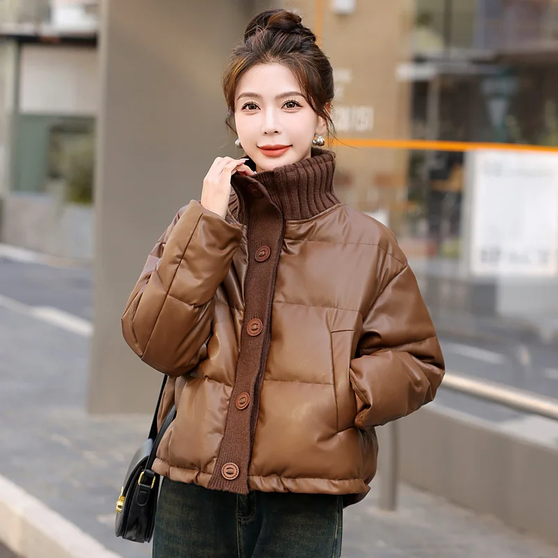 

Knitted Splicing Stand Collar Leather Down Jacket Women Short Winter New Thickened White Duck Down Stand Collar Puffer Jacket