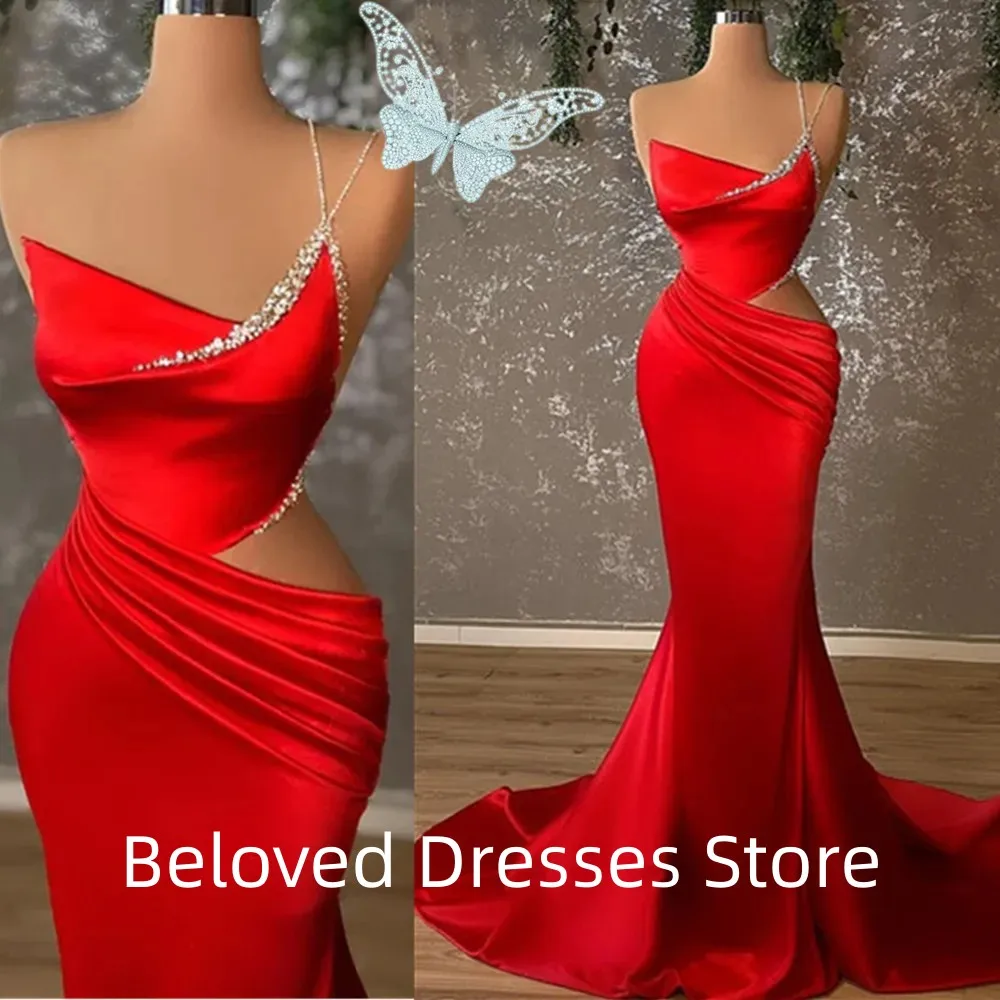 2024Red satin mermaid evening dress sexy and sweet neckline temperament slim fitting evening ball dress application sweep dress