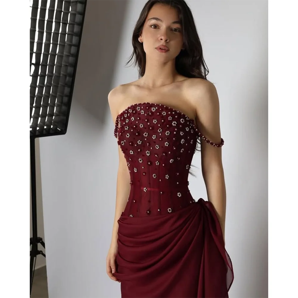Vestido de noite feminino borgonha cristal fora do ombro plissado chiffon elegante vestidos de noite sereia vestido de festa formal personalizado