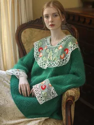 AIGYPTOS Pullover Sweaters Women Fall Winter Vintage Christmas Green Wool Knitted Sweater Antique Lace Crochet EmbroiderySweater