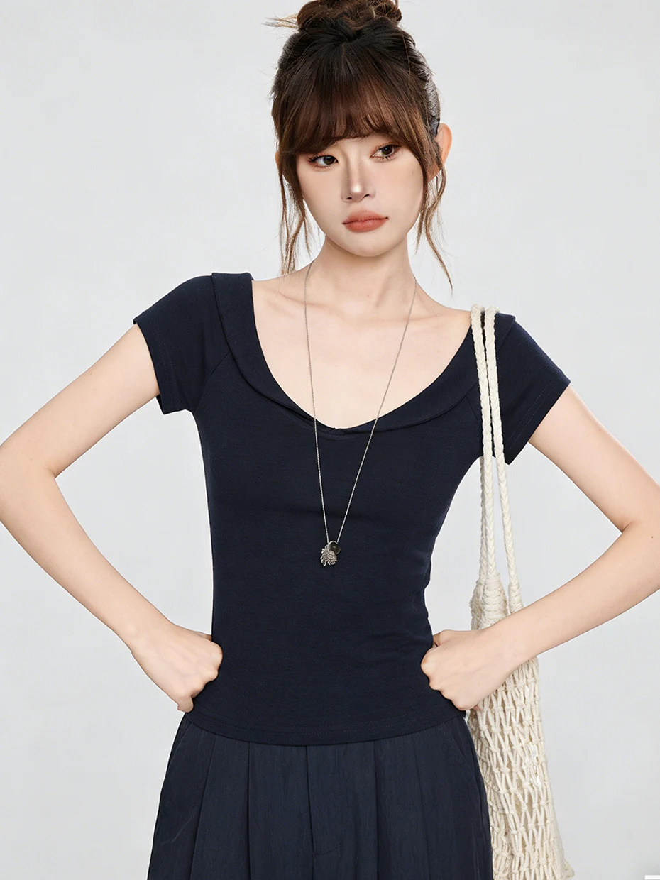 Ice Silk Cool Feeling Short Sleeve T-Shirt Women Summer Unique Beautiful Knitted Shoulder Wrap Small Fly Sleeve Short Top