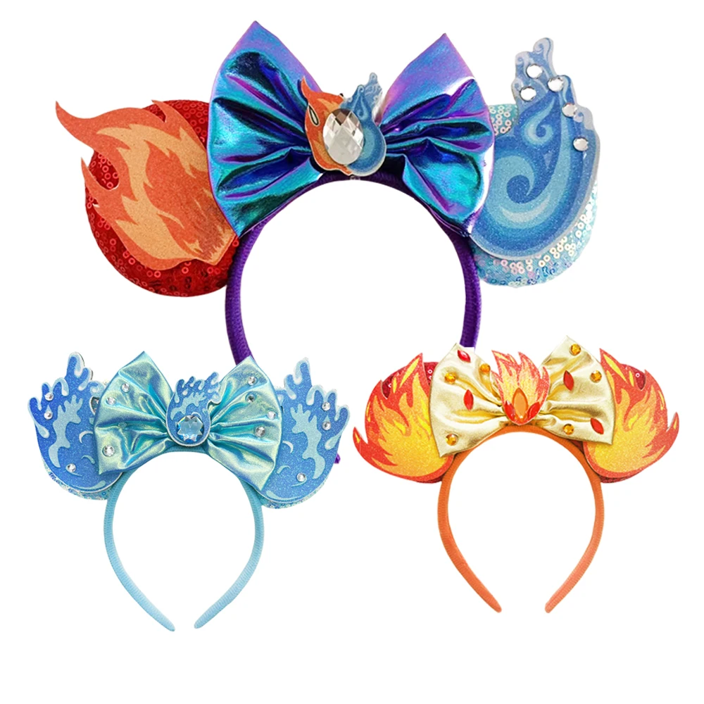 New Fire Water Element Mickey Mouse Ears Headband For Girls Birthday Party Sequin 5IN Bow Hairband Festival DIY Hair Accessories