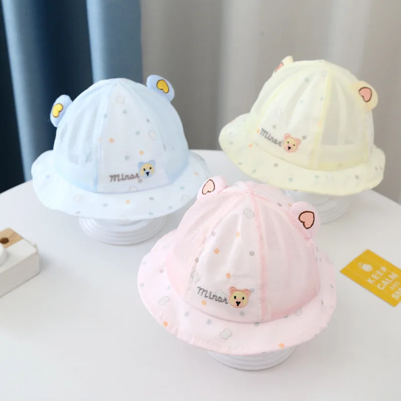 Cute Dot Cartoon Bear Mesh Baby Bucket Hat New Children Cotton Sunscreen Caps Boy Girl Panama Hat Unisex Fishing Hat For 3-12M