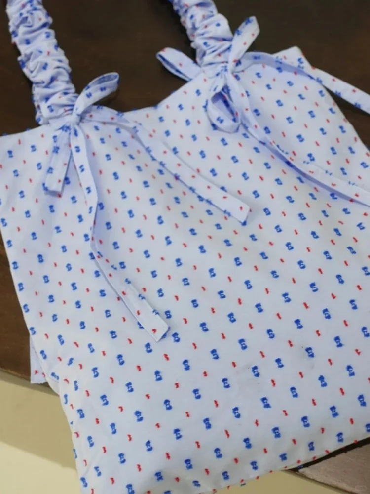 Korean Blue Print Bow Ruched Casual Large Capacity Handbag Tote Bags Women Commute Shoulder Bag