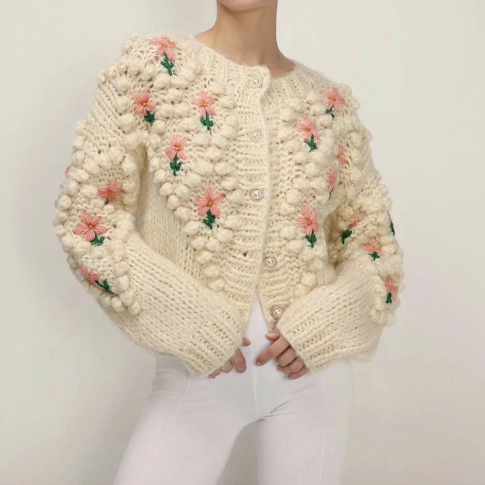 

Женские кардиганы, осенне-зимние модные французские 2025 шикарные свободные повседневные кардиганы с длинными рукавами и круглым вырезом с цветочным принтом и открытой передней частью