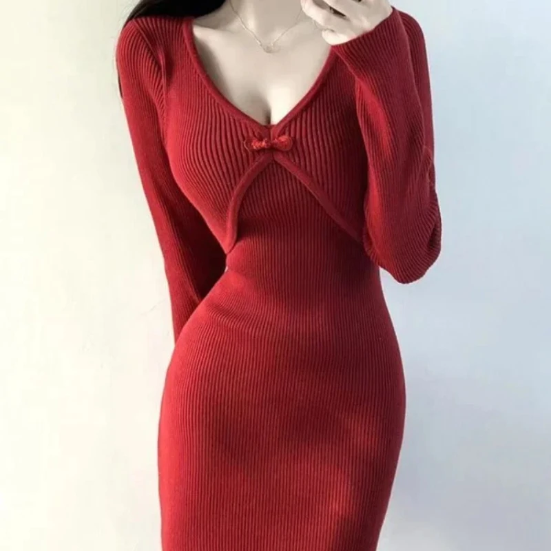 Woman Knitted Dress Vintage Autumn and Winter Bodycon Crochet Dresses for Women Korean Fashion Cheap Casual Xxl New In Curvy Y2k