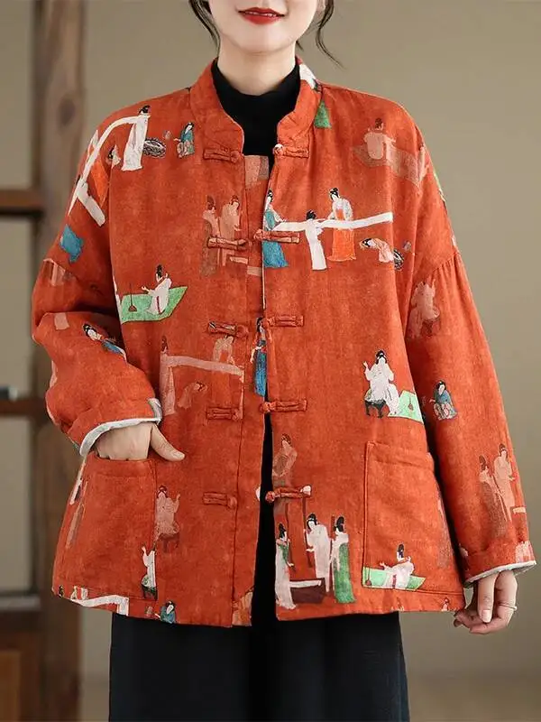 الصينية الوقوف طوق مطبوعة القطن Jaet مزدوجة الصدر زر احتفالي السنة الجديدة الأكل الملابس معطف المرأة