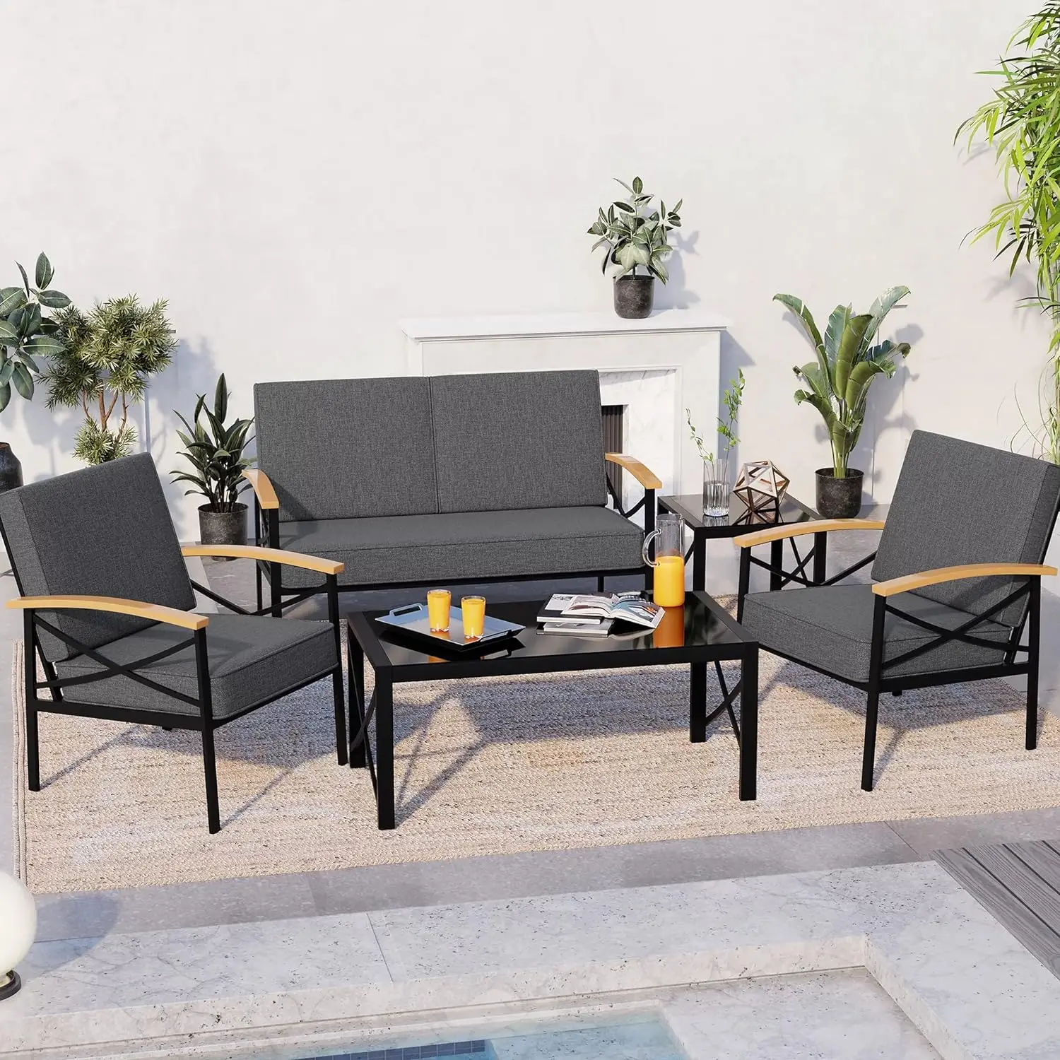 Buiten Metalen Terrasmeubels Sectionele Set, Outdoor Metalen Meubels Patio Conversatiesets Met Salontafel