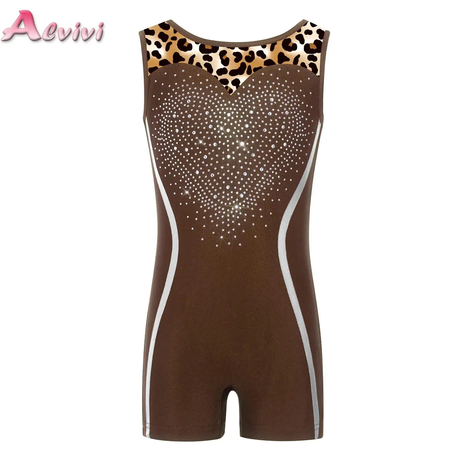

Kids Girls Gymnastics Ballet Dance Printed Leotard Sleeveless Shiny Rhinestones Color Block Jumpsuit for Performance Competition