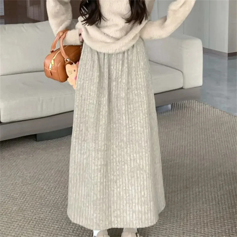 Autumn Winter New Thicken Plush A-line Skirts Women Solid Casual High Waisted Long Skirt Ladies Lazy Style Midi Skirts
