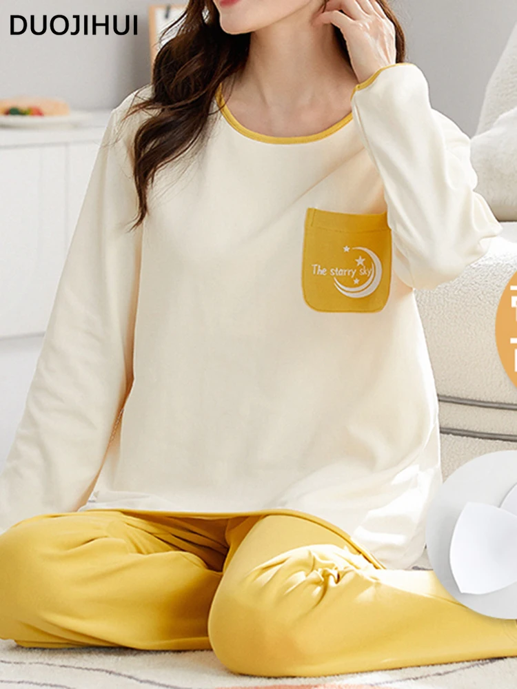 DUOJIHUI New Women's Round Neck with Chest Pads Two Piece Sleepwear Fashion Long Sleeve Women Loose Korean Versatile Homewear