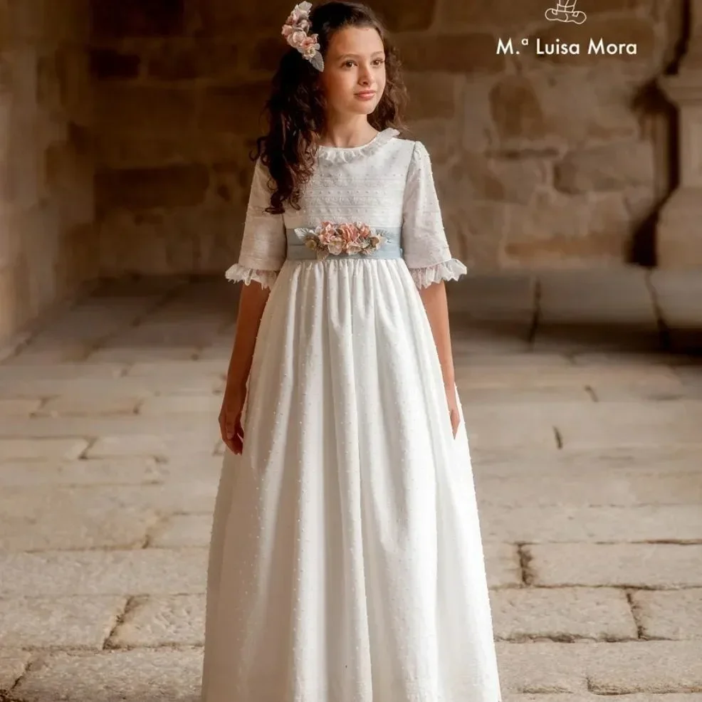 Flower Girl First Communion Girl Dress for Kid Vintage Princess Lace Floral Ribbon Belt Bridemini Wedding Bridesmaid Cotton Gown