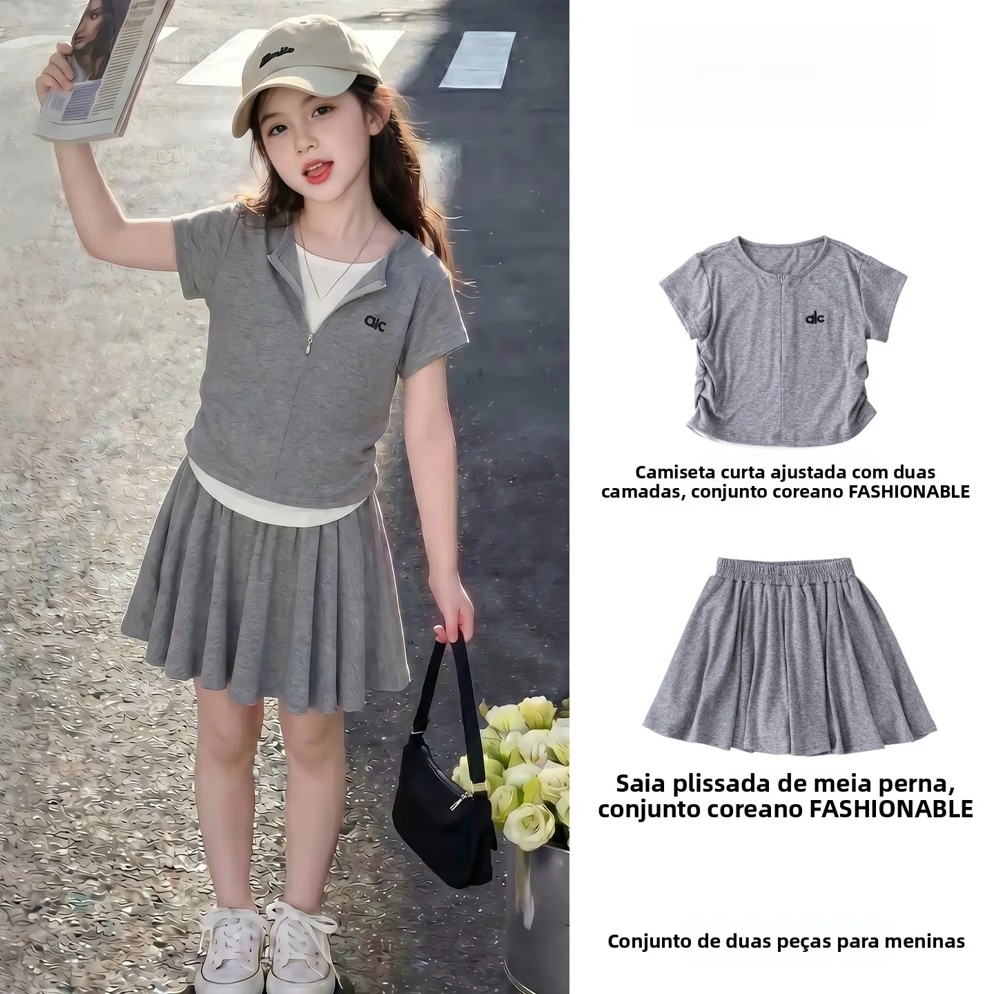 girls-summer-thin-short-sleeve-skirt-set-half-length-korean-style-two-piece-children's-clothing-breathable-comfortable-bear-b