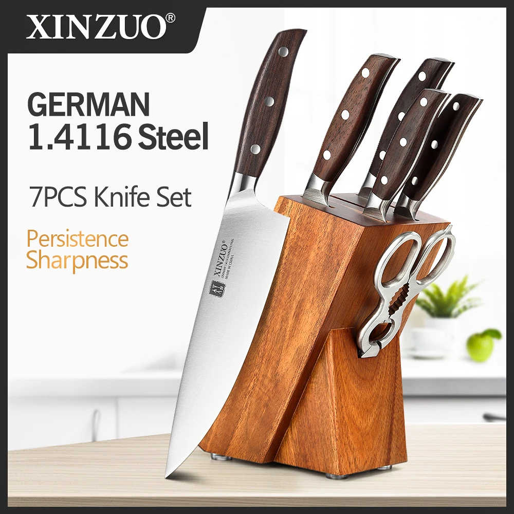 XINZUO profesjonalny pełny 7 sztuk zestaw noży niemiecki 1.4116 zestawy noży kuchennych ze stali nierdzewnej najlepsze narzędzie do krojenia w kuchni Santoku