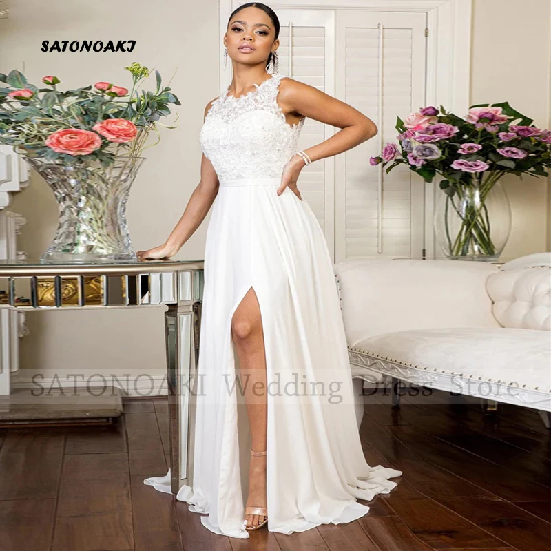 

Elegant O-Neck Lace Chiffon Side Split Wedding Dresses for Women A-Line Sweep Train Backless Bride Gown Vestidos De Novia Custom