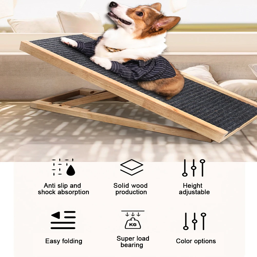 Dog Ramp Folding Ladder Anti-slip High Adjustable Wooden Pet Ramp Removable for Small Old Dog Climbing Stairs Sofa Car Bed