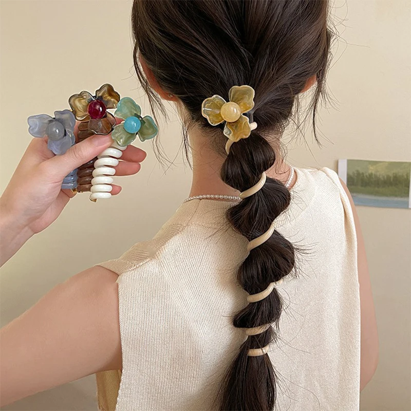 Telefone Wire Flower Hair Loop para Mulheres e Meninas, High Elastic Head Rope, Ponytail Ties, Hair Accessories