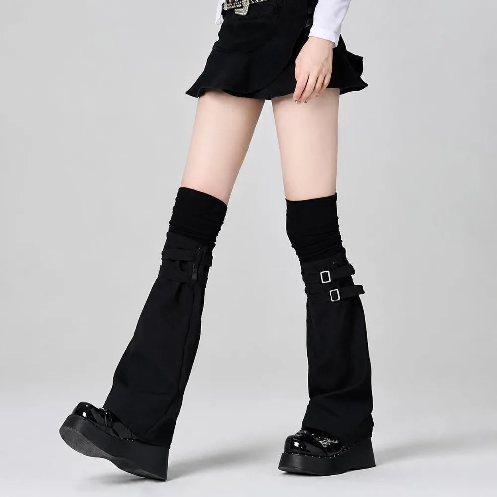 Sweet Y2K Knee Over Socks Keep Warm Leather Buckle High Tube Socks Black White Harajuku Socks Women Girls
