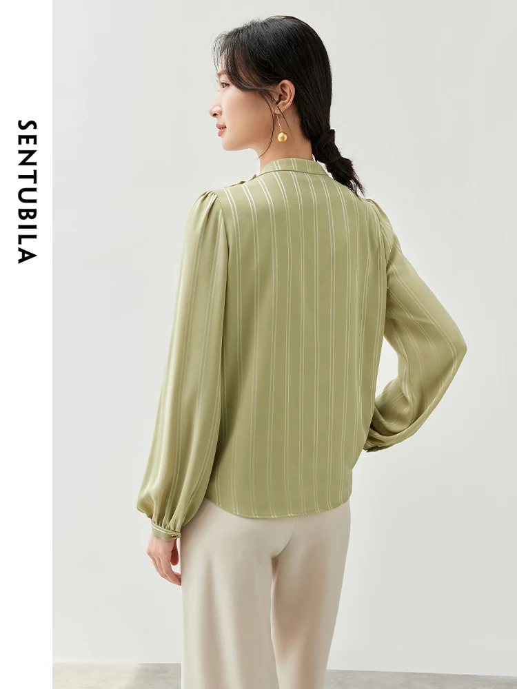 SENTUBILA Women Patchwork Striped Shirt   2024 Autumn Lace Up O Neck Long Sleeve Office Lady Loose Pullovers 143C57044