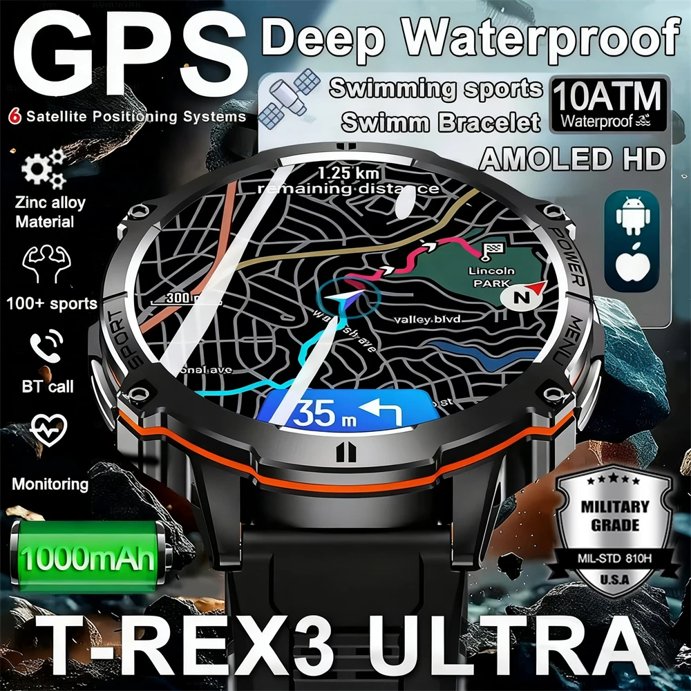 

New T-REX3 Outdoors Sports Smart Watch Screen 10ATM Waterproof 1000mAh Sports Blood oxygen BT call Men Fitness Smart Bracelets