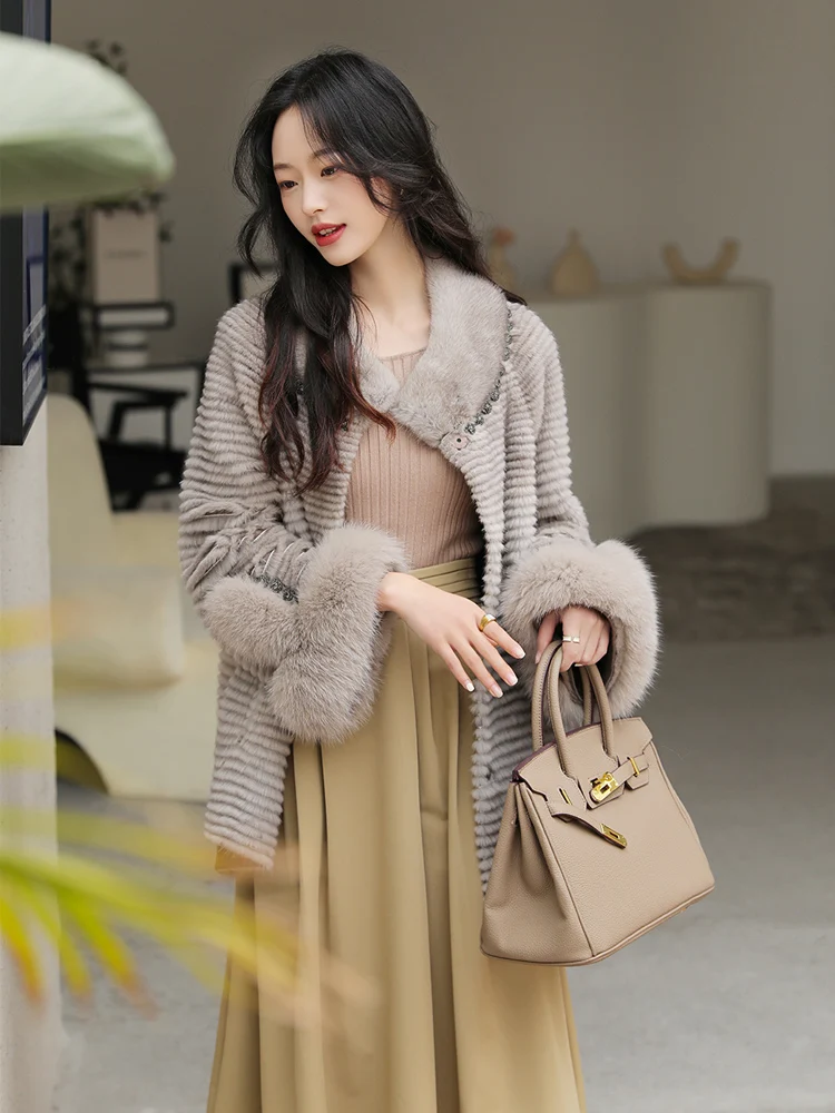 HDHOHR 2024 High Quality Natural Mink Fur Coat Women Winter Warm Fox Fur Decorate Knitted Real Mink Fur Jacket Fashion Female