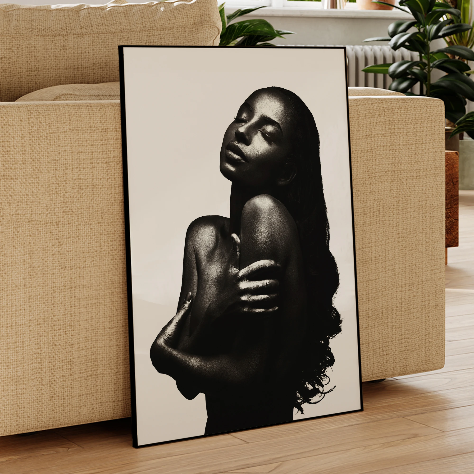 แฟชั่นโมเดิร์นสีดําสาวภาพ Wall Art พิมพ์ภาพวาดผ้าใบภาพโปสเตอร์สําหรับห้องนั่งเล่นตกแต่งบ้าน